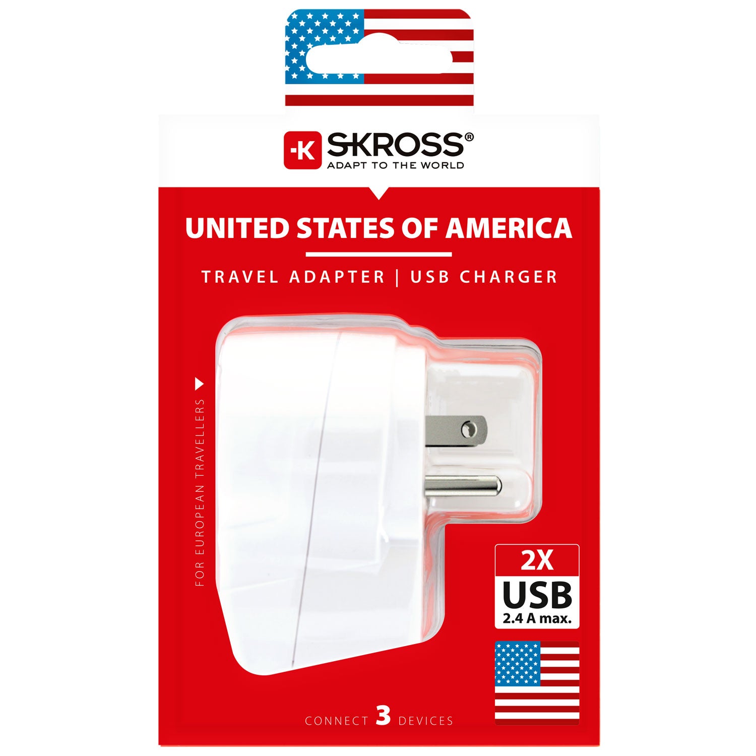 SKROSS - Reseadapter Europa till USA m.fl.2xUSB-A 12W Jordad - Travels And Bags