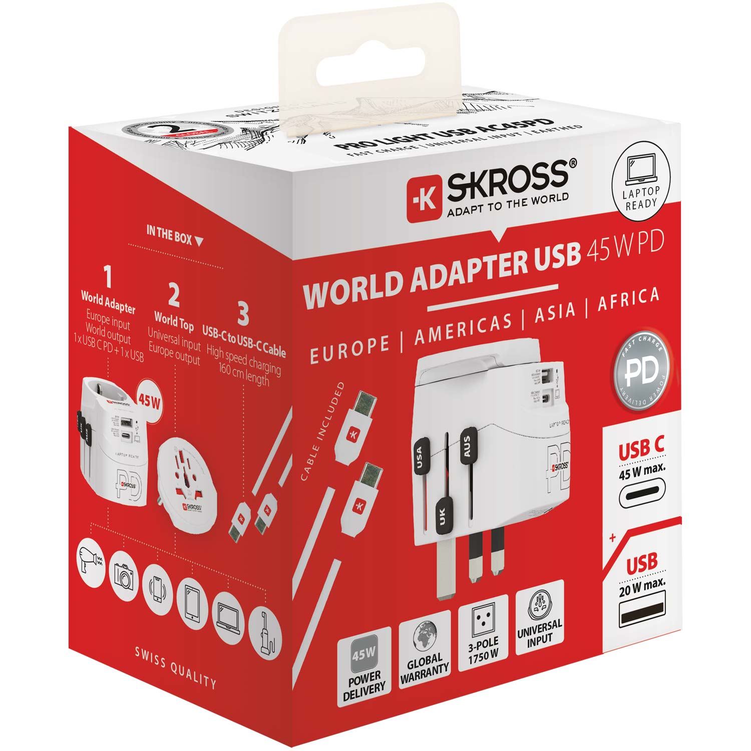 SKROSS - Världsreseadapter PRO Light USB AC45PD World PD 45W Jordad - Travels And Bags