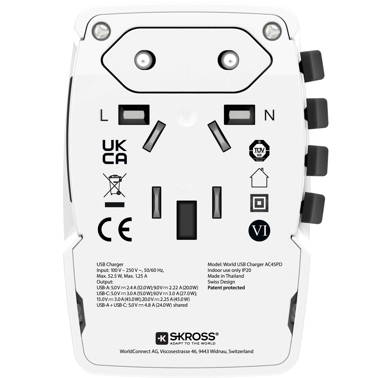 SKROSS - Världsreseadapter AC45PD USB-A+USB-C PD 45W Ojordad - Travels And Bags