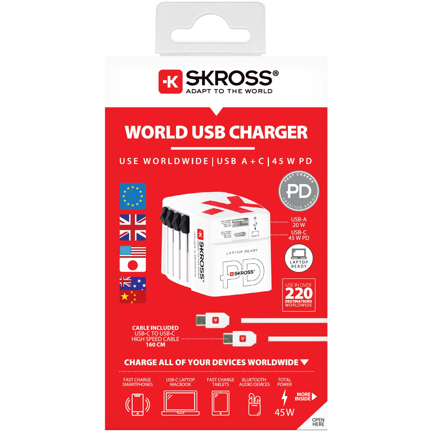 SKROSS - Världsreseadapter AC45PD USB-A+USB-C PD 45W Ojordad - Travels And Bags