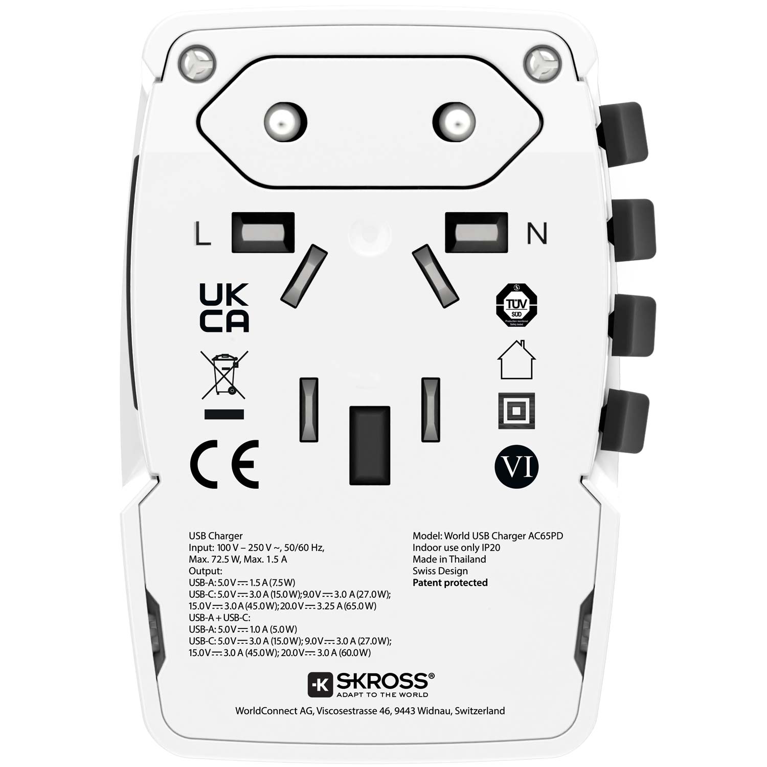 SKROSS - Världsreseadapter AC65PD World USB-A+USB-C PD 65W Jordad - Travels And Bags