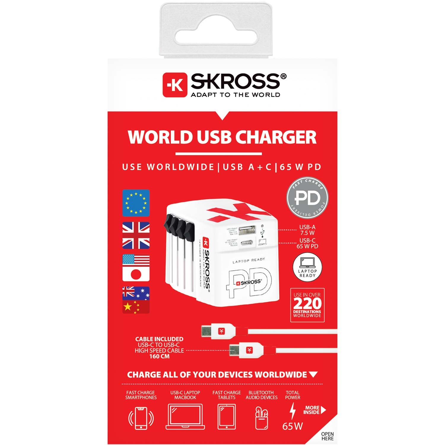 SKROSS - Världsreseadapter AC65PD World USB-A+USB-C PD 65W Jordad - Travels And Bags