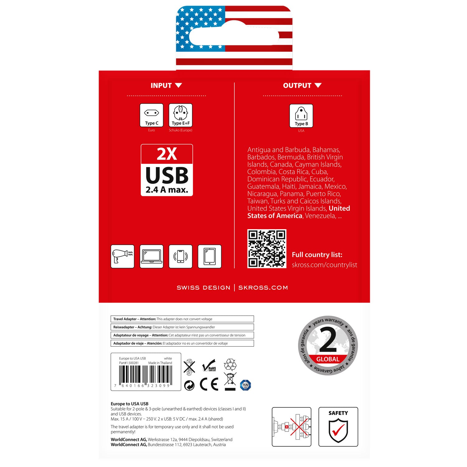 SKROSS - Reseadapter Europa till USA m.fl.2xUSB-A 12W Jordad - Travels And Bags