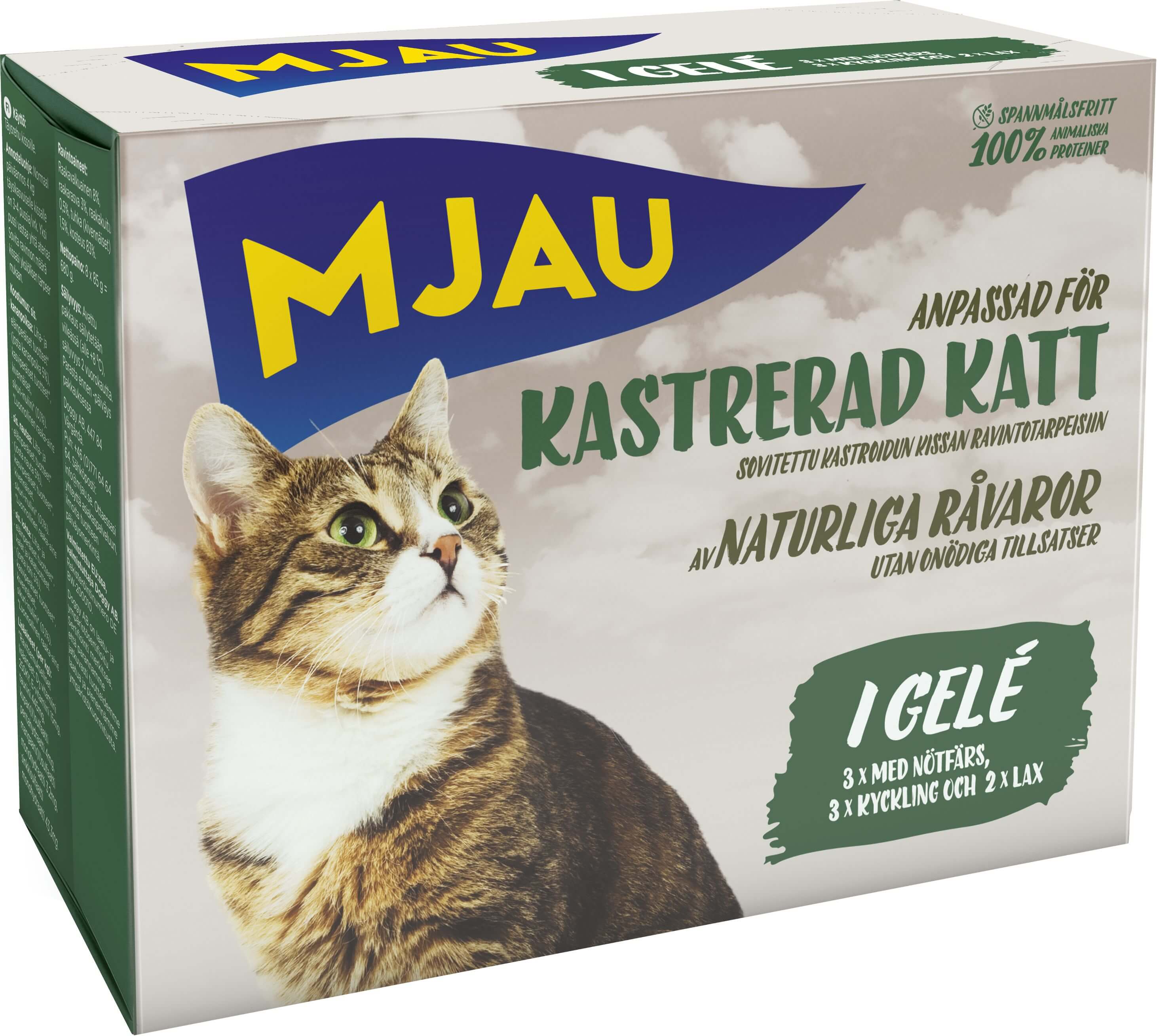 Mjau Kastrerad Katt - Bitar I Gelé Med Kött & Fisk 8x85g
