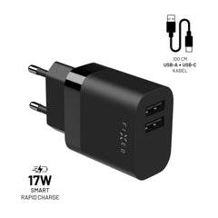 FIXED Hemladdare 2x USB-A 17W/USB-C kabel 1m Svart