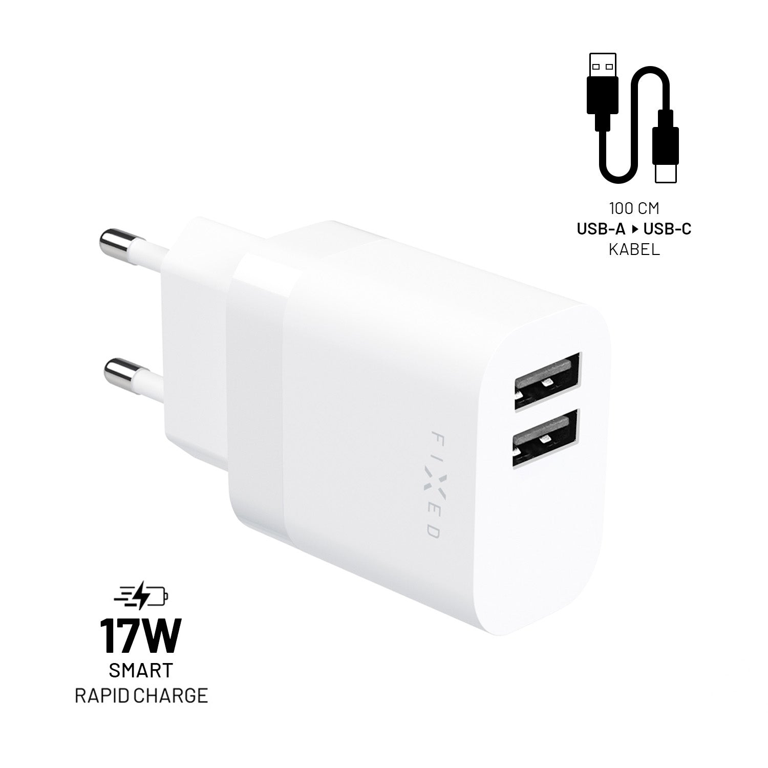 FIXED Hemladdare 2x USB-A 17W/USB-C kabel 1m Vit - Travels And Bags